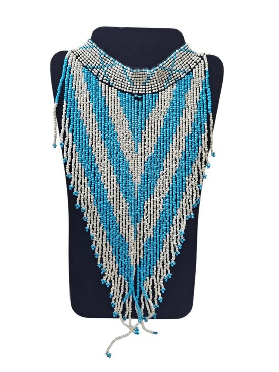 Unbranded Jewelry - Vintage Beaded Fringe Bib Necklace Blue White Statement Tribal Boho Native Style